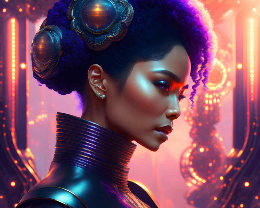 Digital artwork: Woman with ornate headdress and glowing blue skin in futuristic attire against sci-fi backdrop