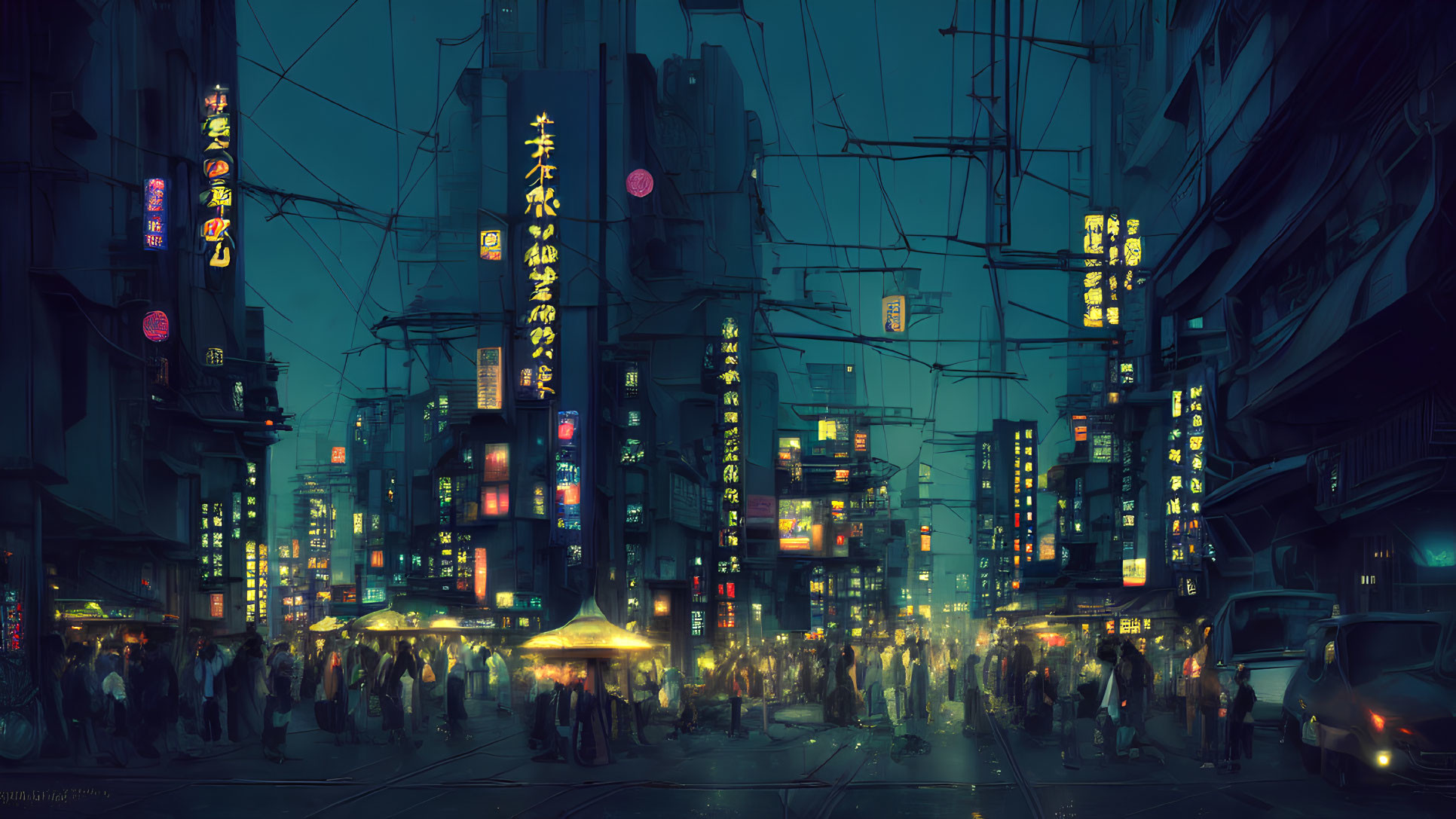 Cyberpunk cityscape: Night-time street with neon signs