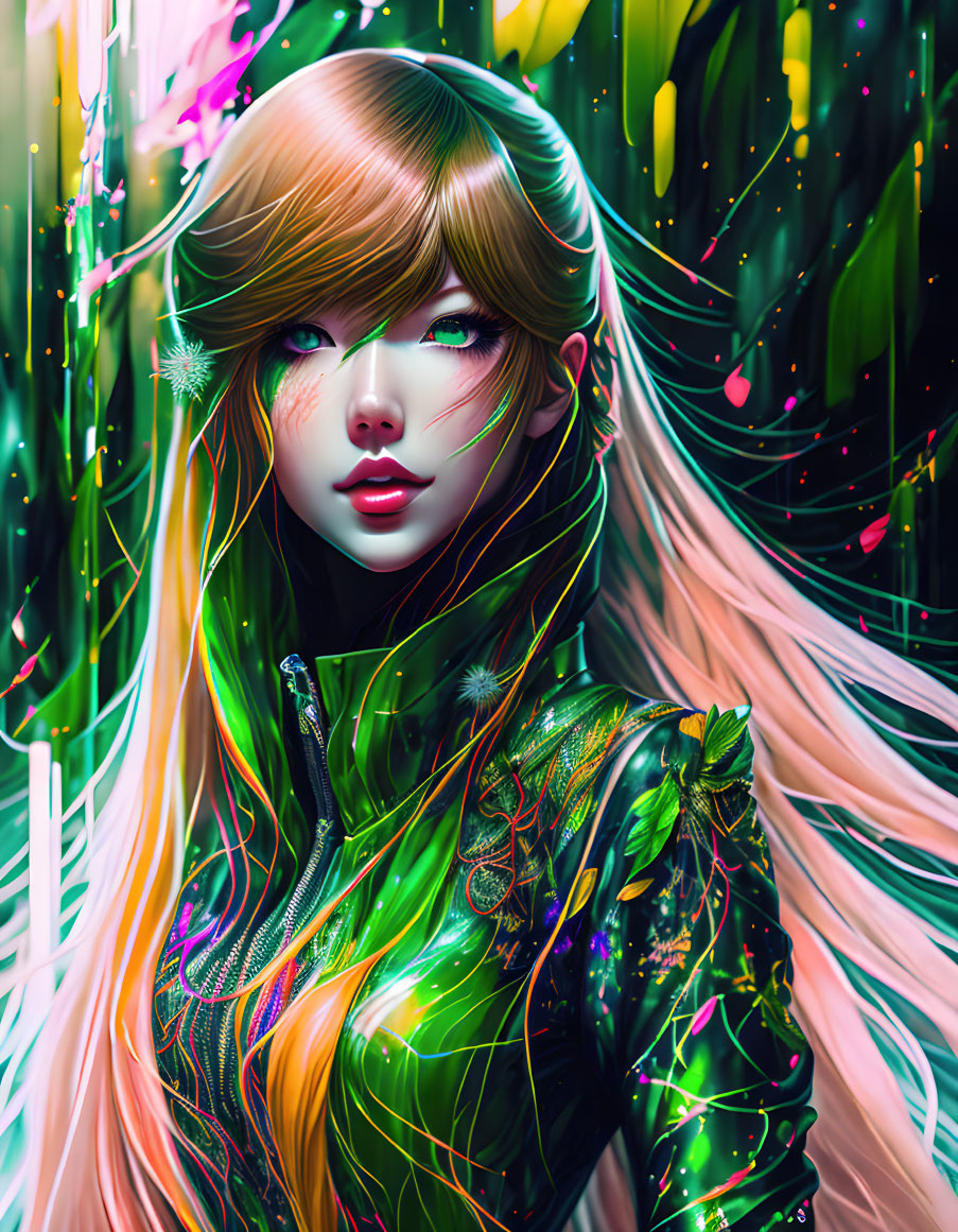 Colorful digital art: Woman with multicolored hair in green futuristic jacket surrounded by glowing lights