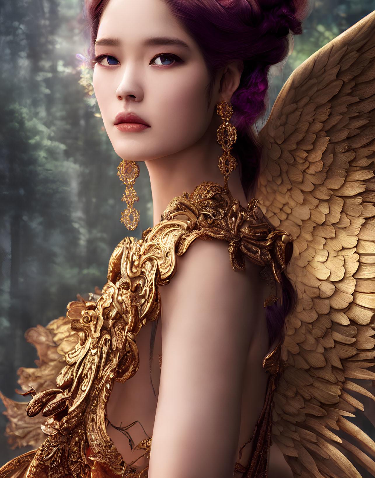 Purple-haired woman with gold wings in ornate attire against forest backdrop