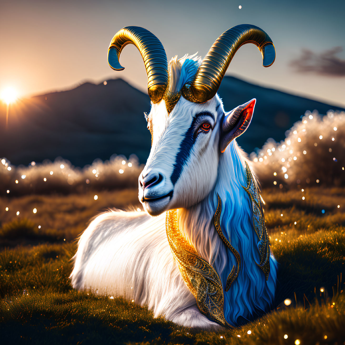 Digital Art: Majestic ram with golden horns in sunset field