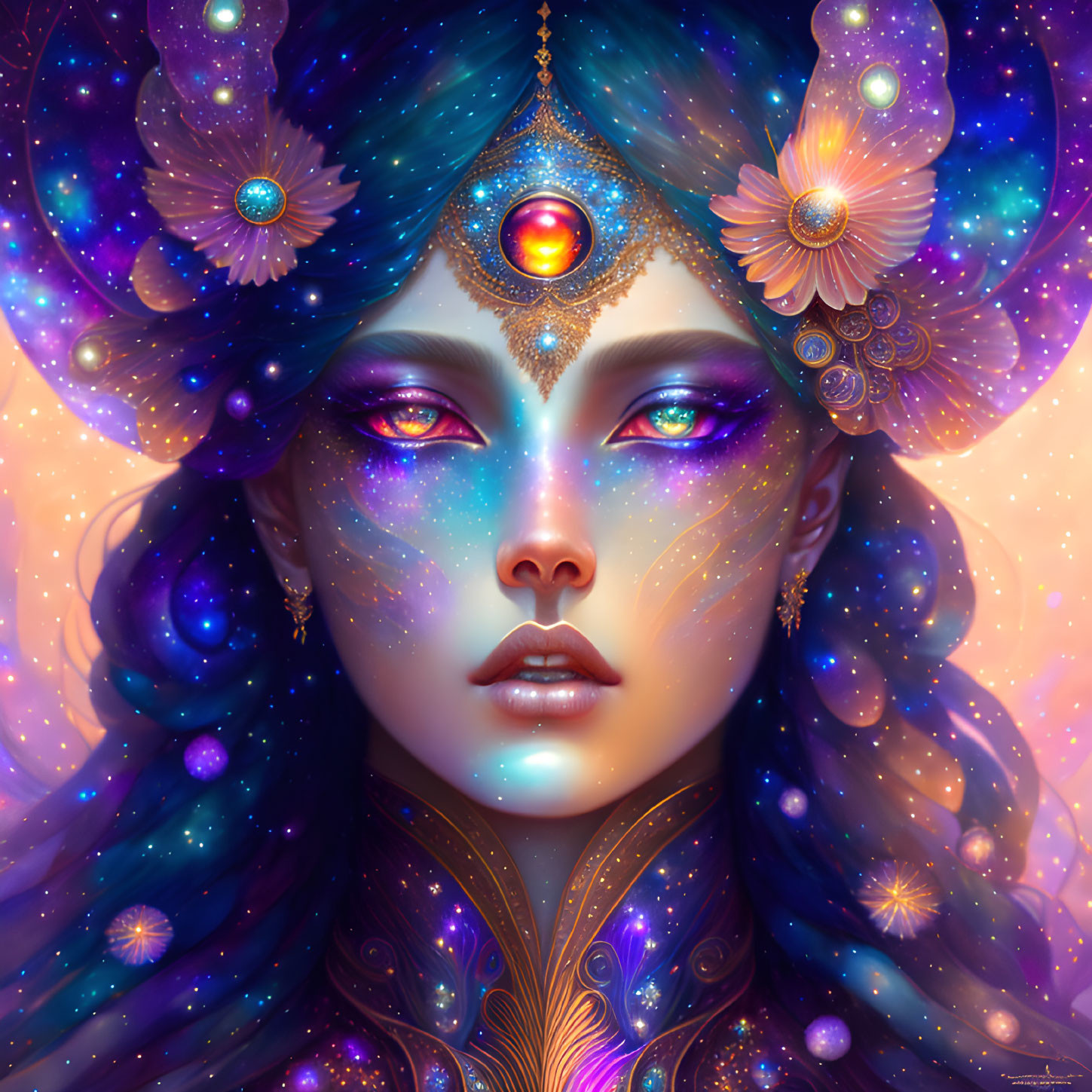 Cosmic female entity with celestial jewelry and starry sky colors