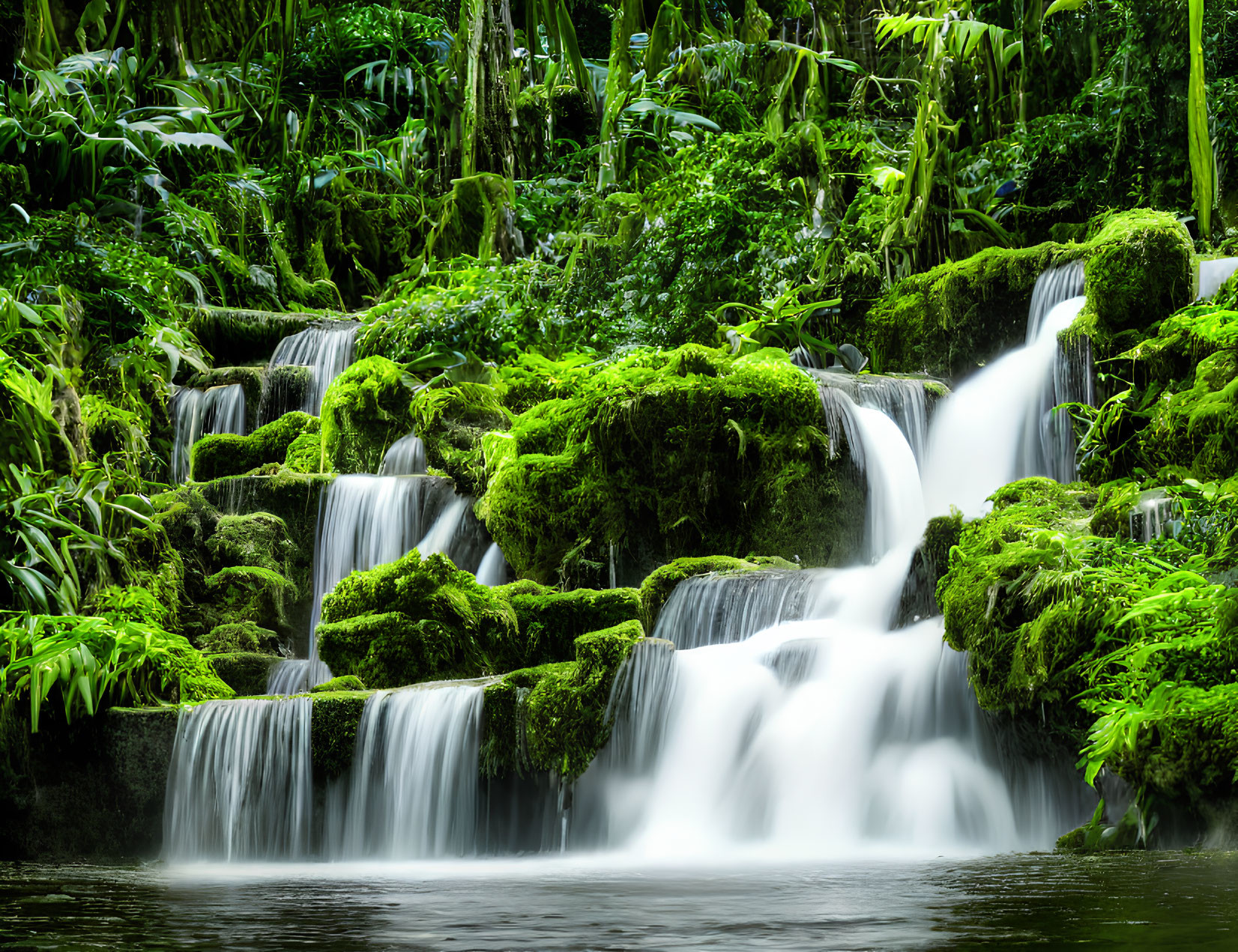 Lush green moss-covered steps of a cascading waterfall in vibrant tropical forest