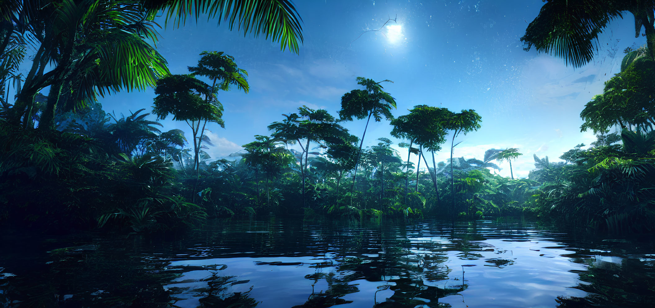 Tranquil tropical rainforest scene with lush green trees and starry sky