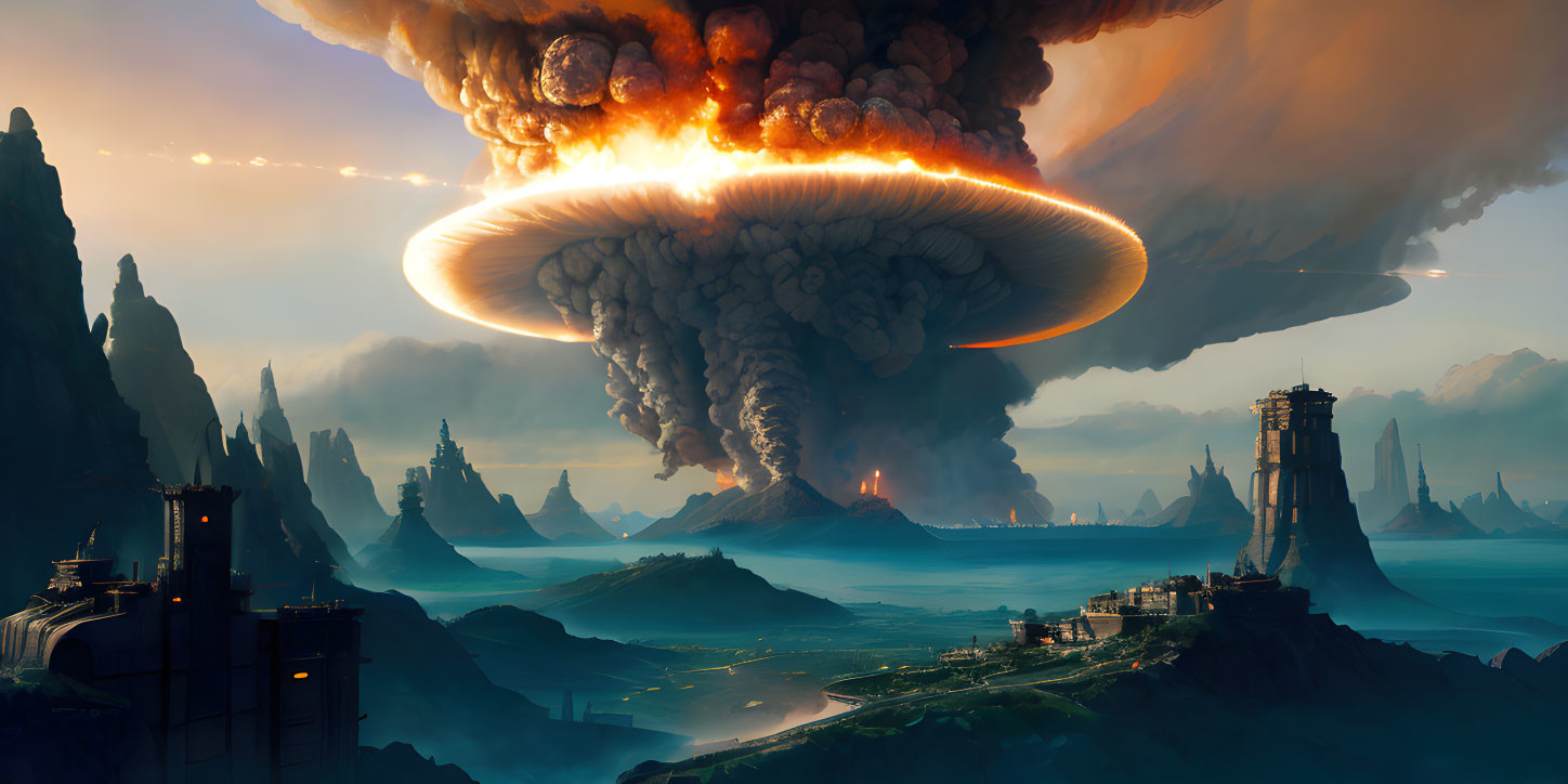 Futuristic landscape with massive fiery explosion