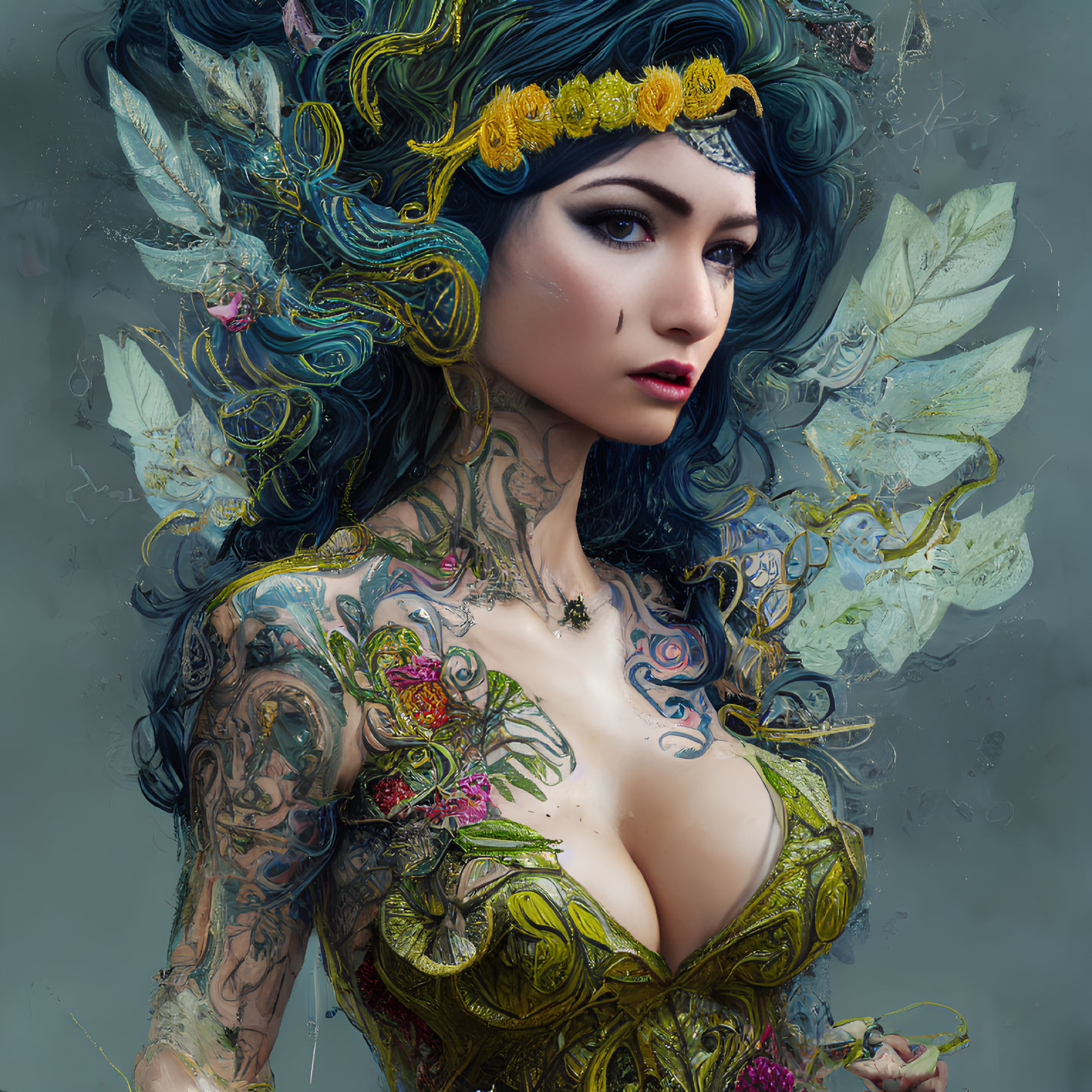 Detailed digital artwork: Woman with blue hair, gold floral headpiece, tattoos, and green corset