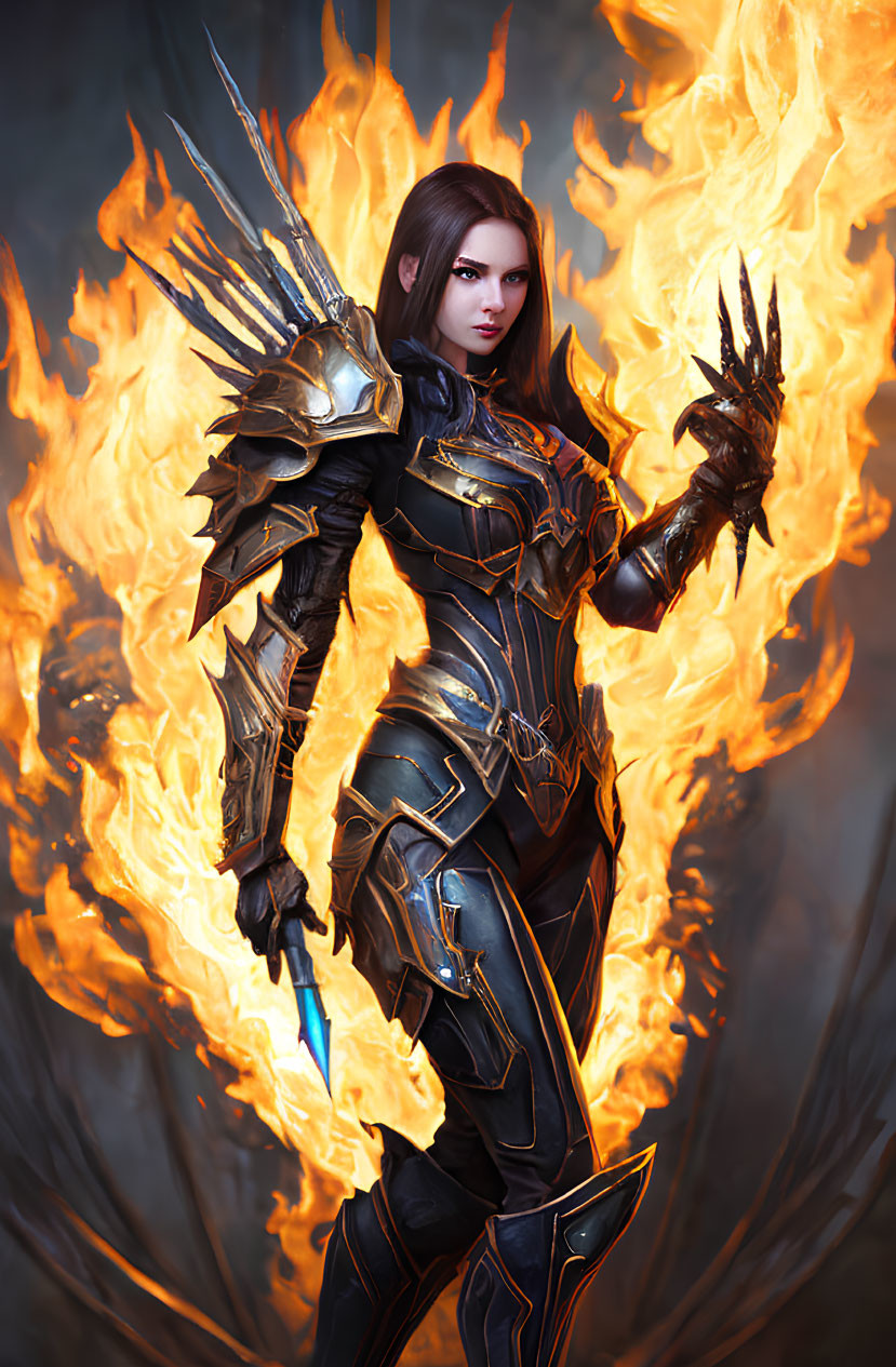 Digital artwork: Woman in black armor with spikes, surrounded by flames