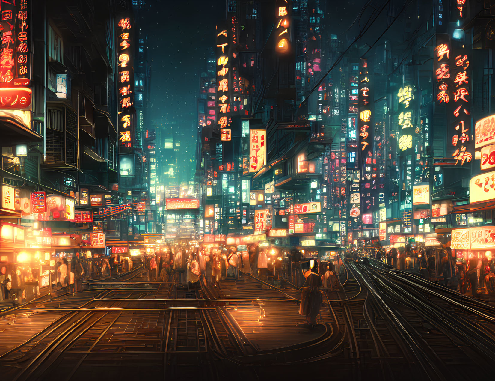 Vibrant neon-lit street with bustling sidewalks and tram tracks at dusk