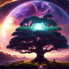 Majestic tree with glowing core against planet in sunset sky