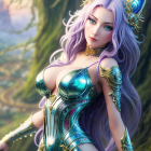 Fantasy illustration of female elf with purple hair and ornate armor in forest.