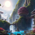 Mystical landscape with towering rocks, purple foliage, bridges, and floating vehicles