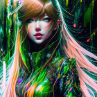 Colorful digital art: Woman with multicolored hair in green futuristic jacket surrounded by glowing lights