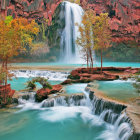 Fantastical landscape with luminous mushrooms, waterfall, foliage, and glowing cave