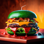 Green bun burger with cheese, bacon, lettuce, patty, and red sauce on fiery backdrop