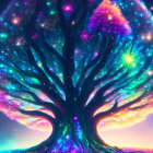 Colorful cosmic tree illustration with swirling galaxies and stars on a purple and blue gradient sky