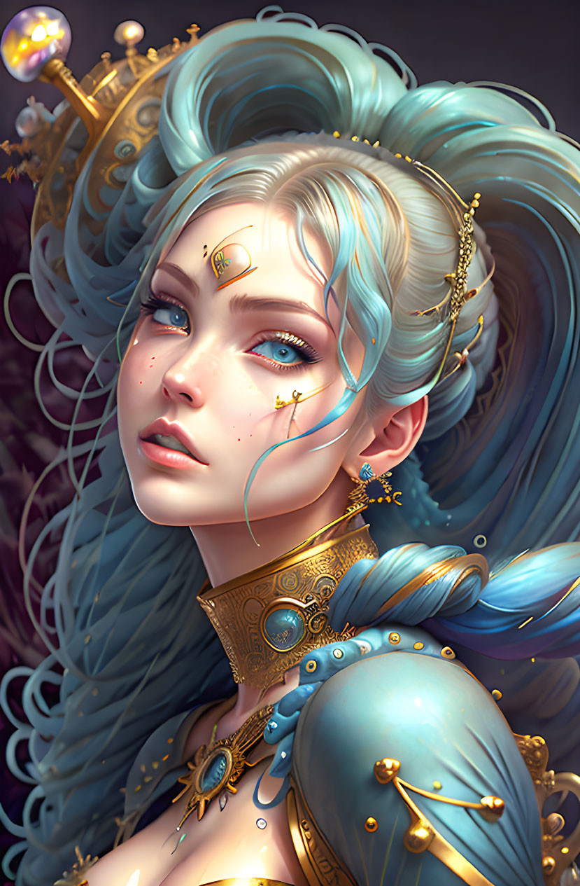 Regal fantasy character with blue hair, gold jewelry, and ethereal glow