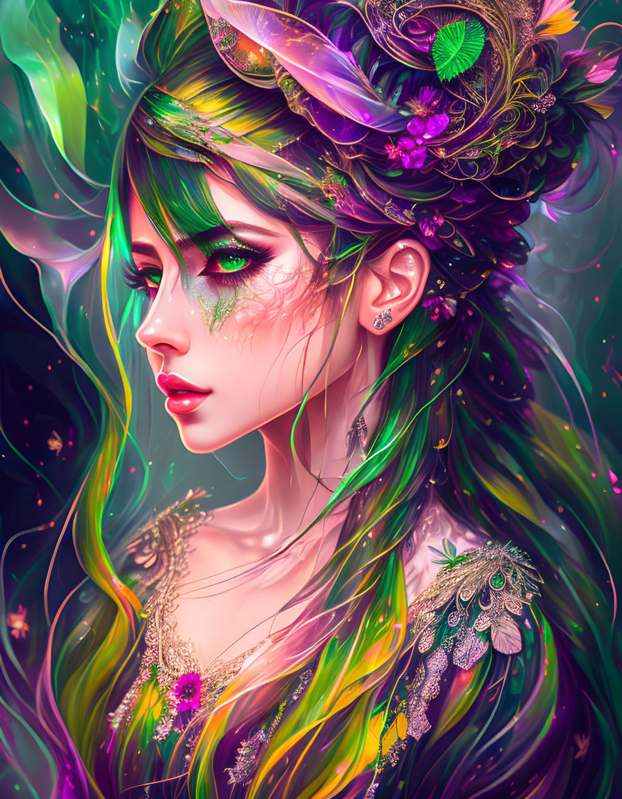 Illustrated fantasy woman with vibrant multicolored hair, feathers, flowers, green eye makeup, and