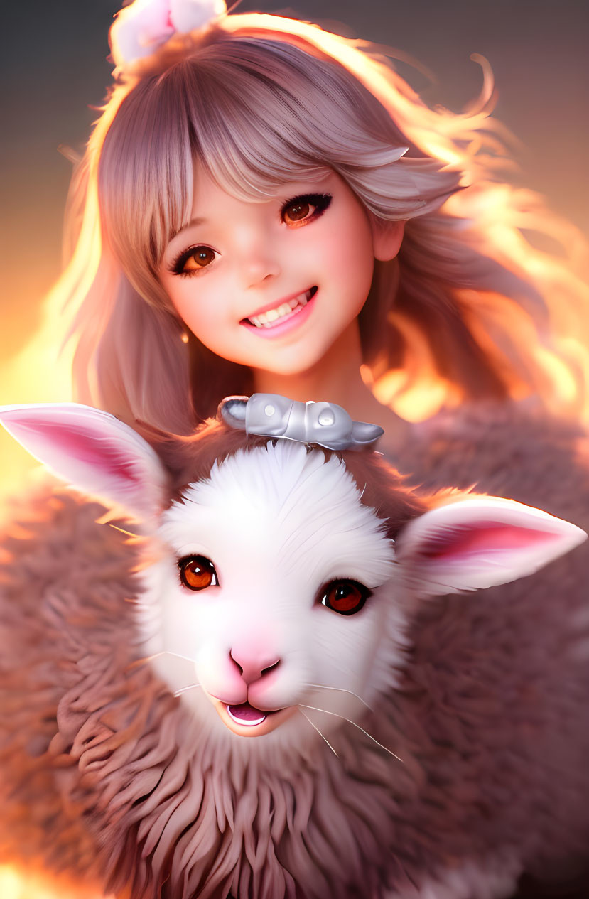 Digital Art: Smiling Girl with Grey Hair and Cute White Lamb Creature