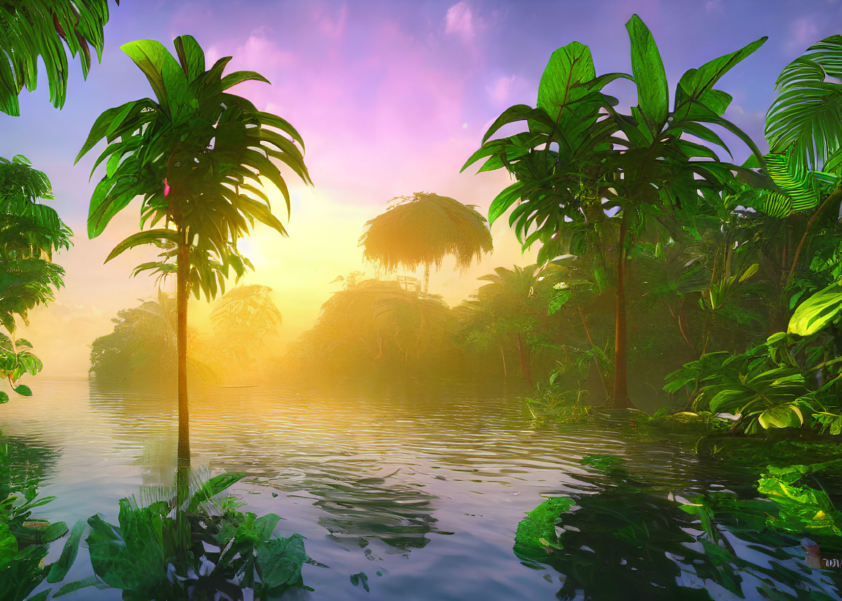 Tranquil tropical scene with lush greenery and palm trees