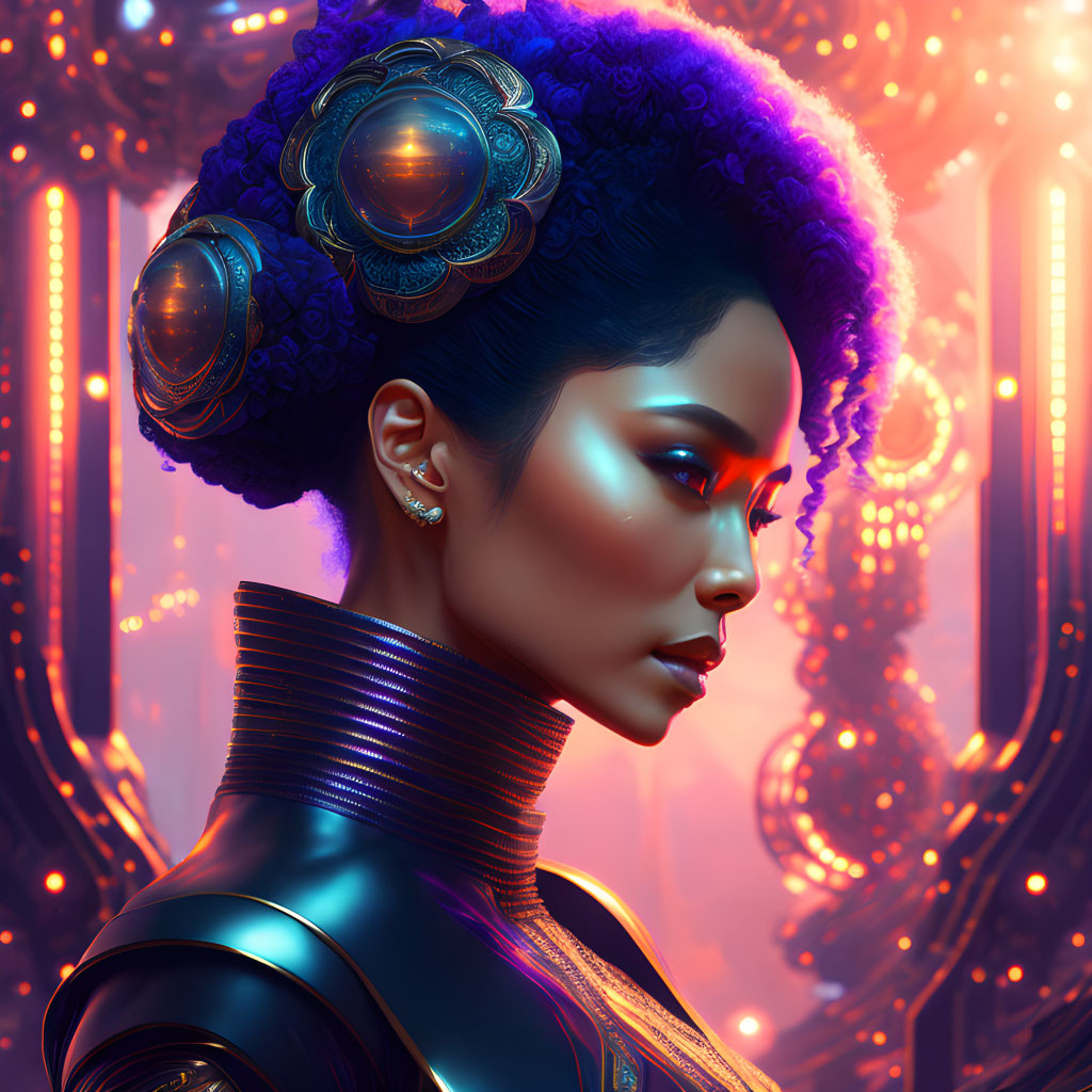 Digital artwork: Woman with ornate headdress and glowing blue skin in futuristic attire against sci-fi backdrop