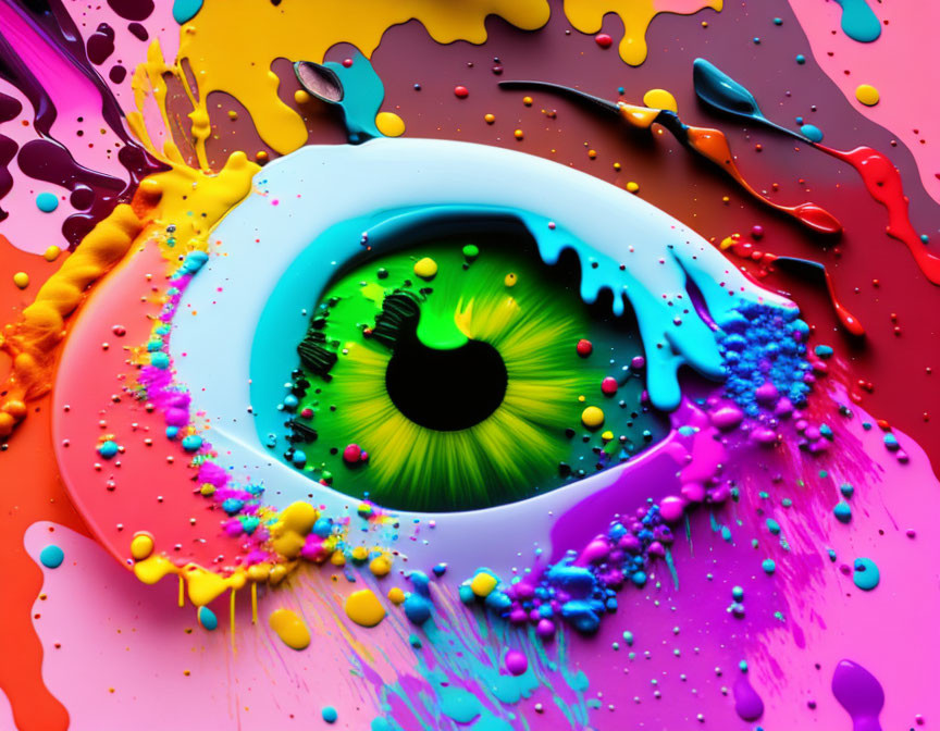 Colorful paint splatters blend with hyperrealistic iris in vibrant image