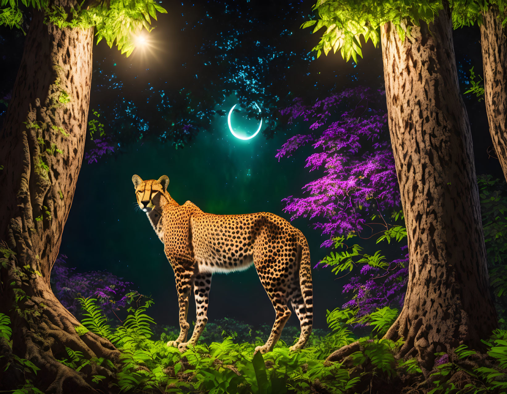 Cheetah in mystical forest with aurora sky & crescent moon