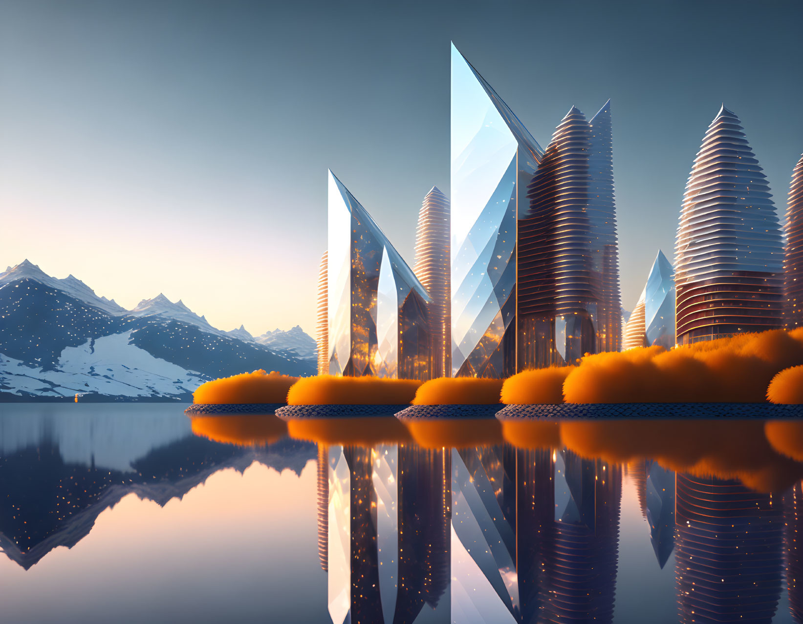 Reflective Glass Buildings in Futuristic Cityscape Amid Snow-Capped Mountains