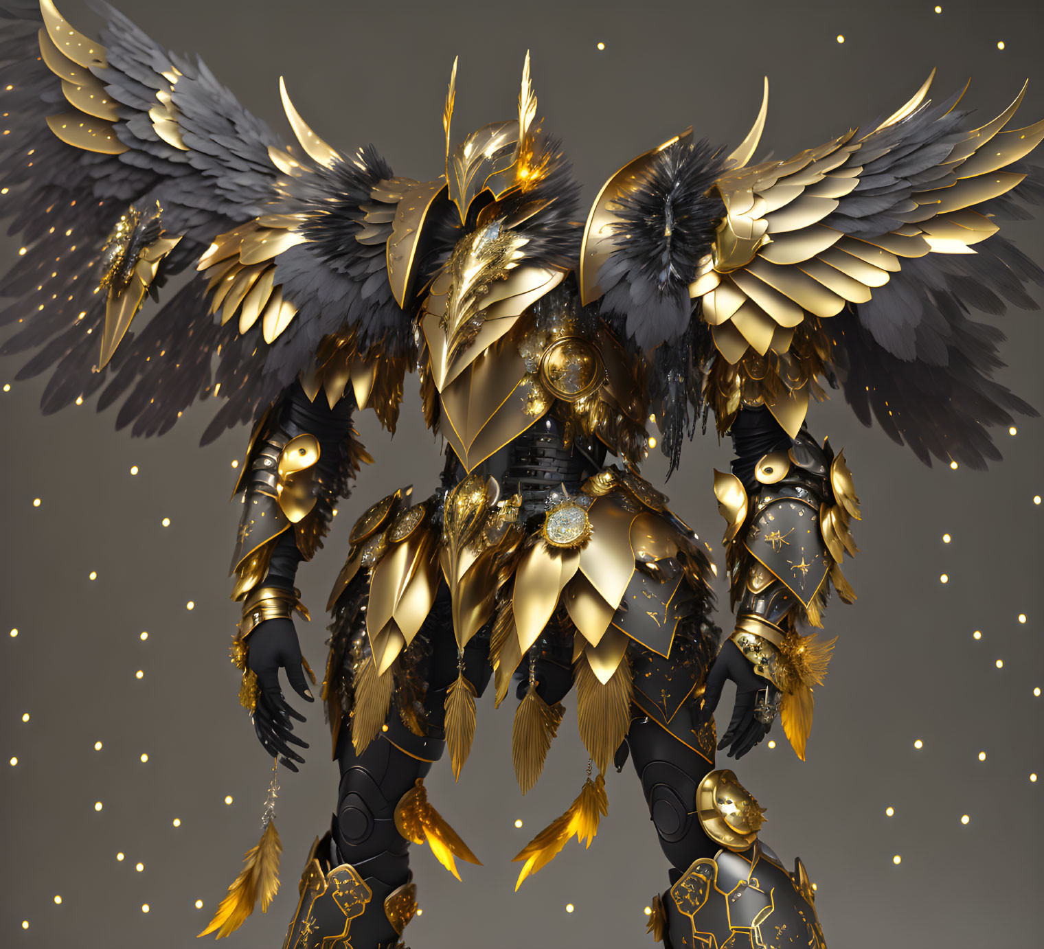 Golden-armored figure with intricate wings on sparkly grey background