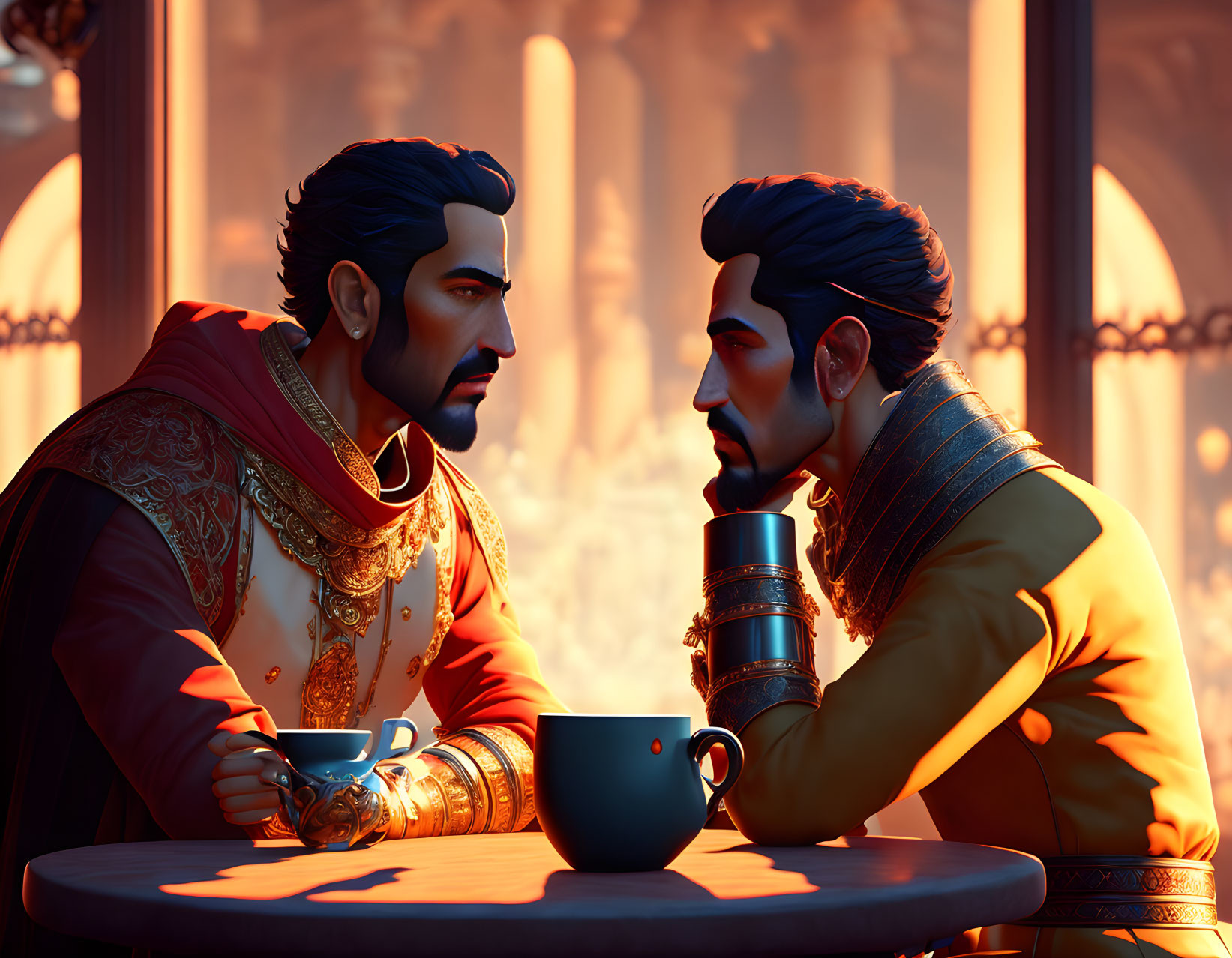 Regal animated characters in serious tea conversation