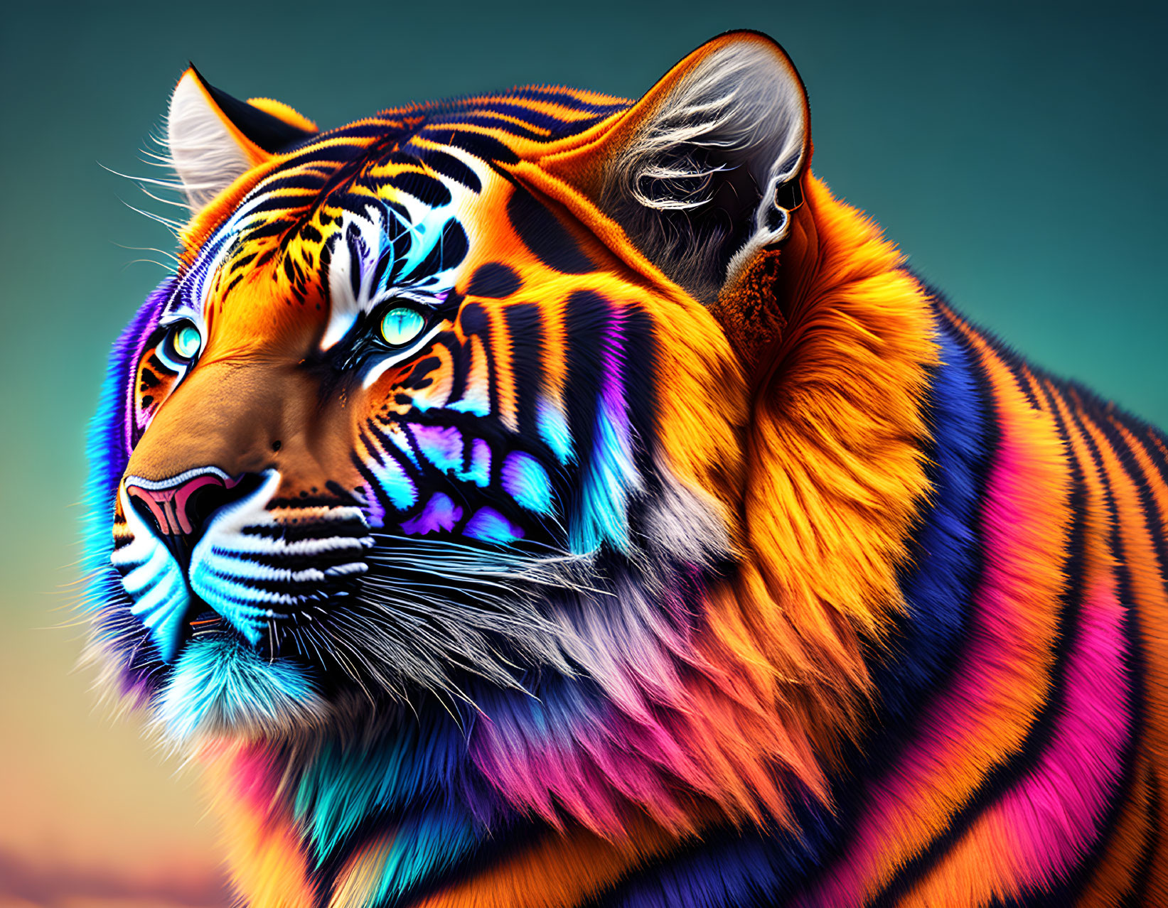 Neon-hued tiger art on gradient backdrop