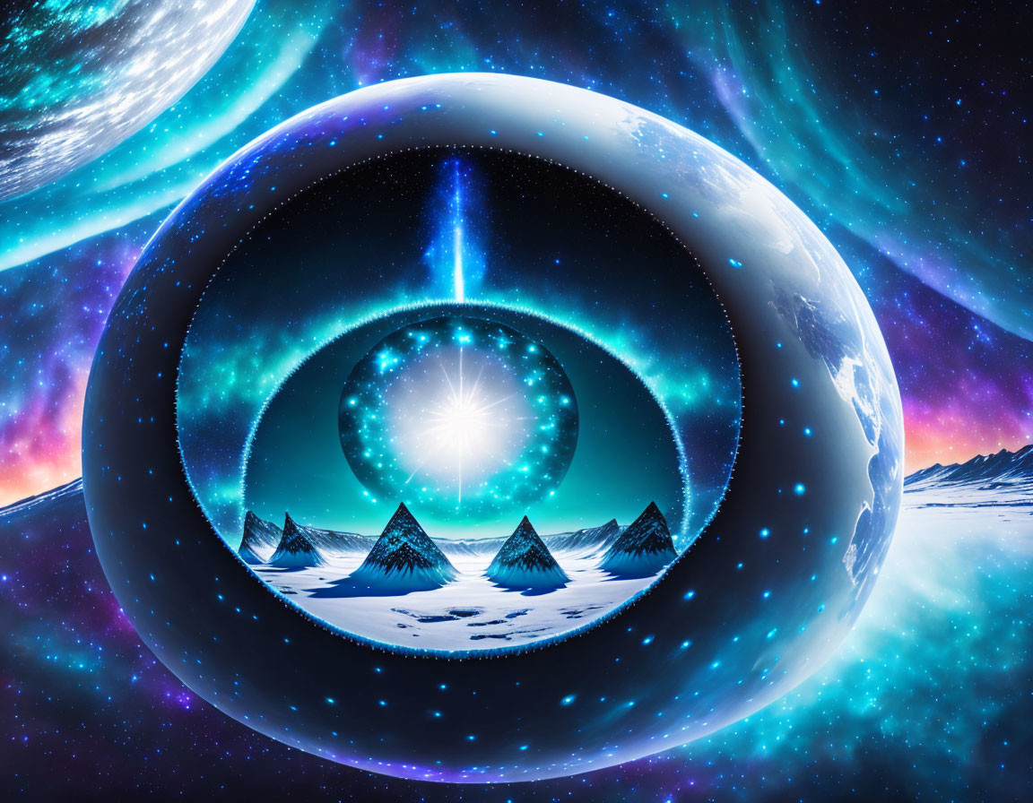 Surreal cosmic landscape with glowing sphere, mountains, starry sky