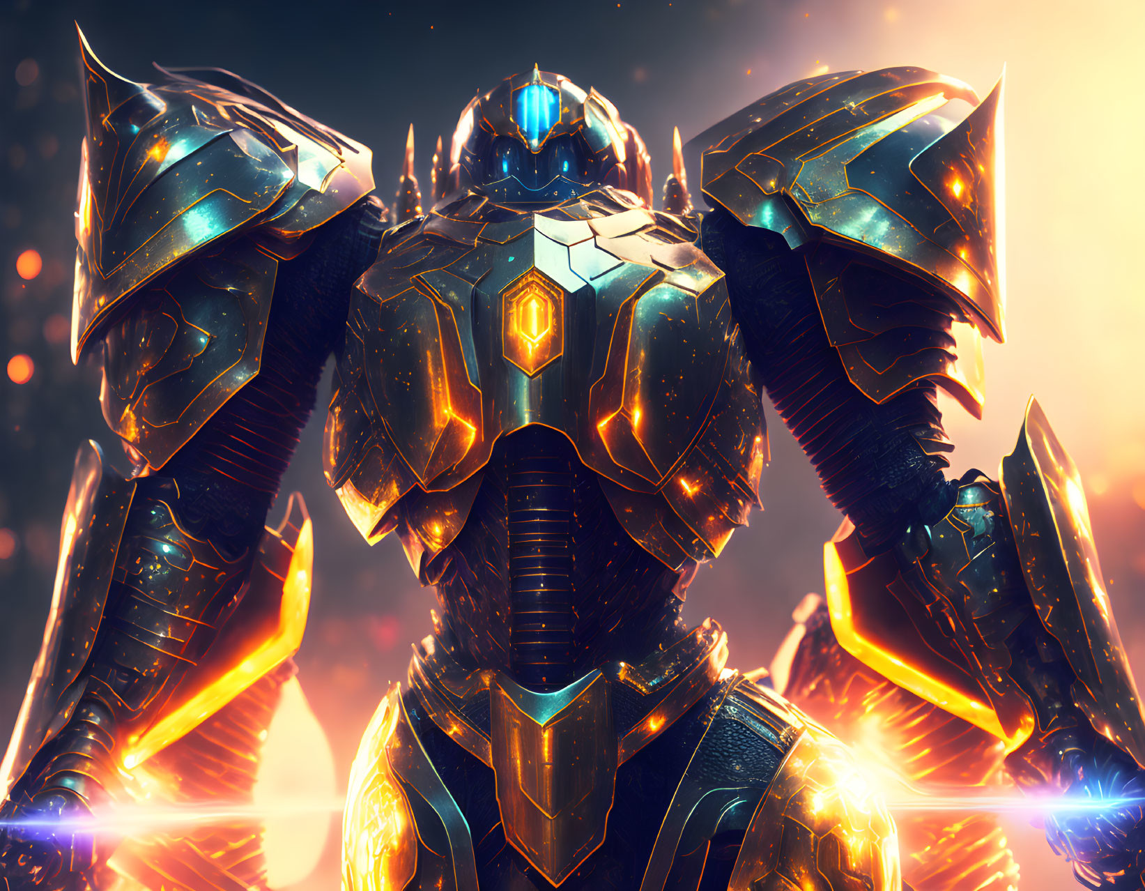 Armored Figure with Glowing Blue Visor in Fiery Backdrop