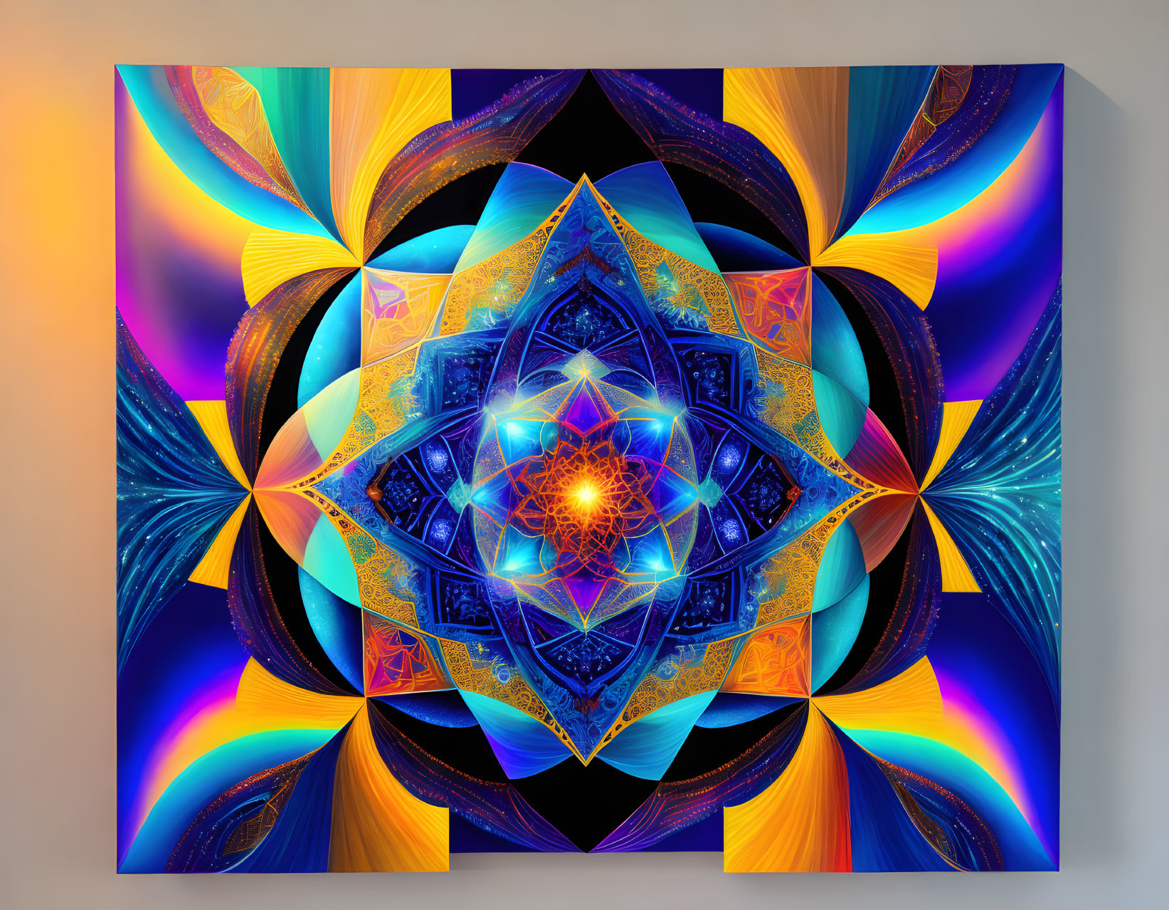 Symmetrical mandala pattern in vibrant digital artwork