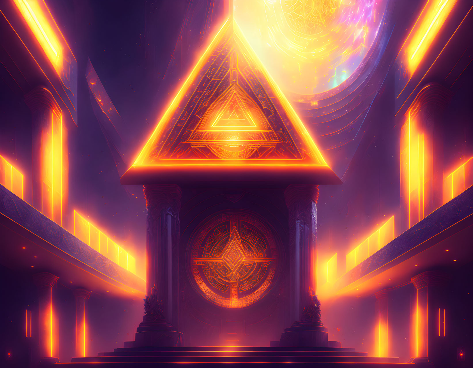 Digital art: Futuristic temple with glowing symbols, majestic pillars, cosmic backdrop