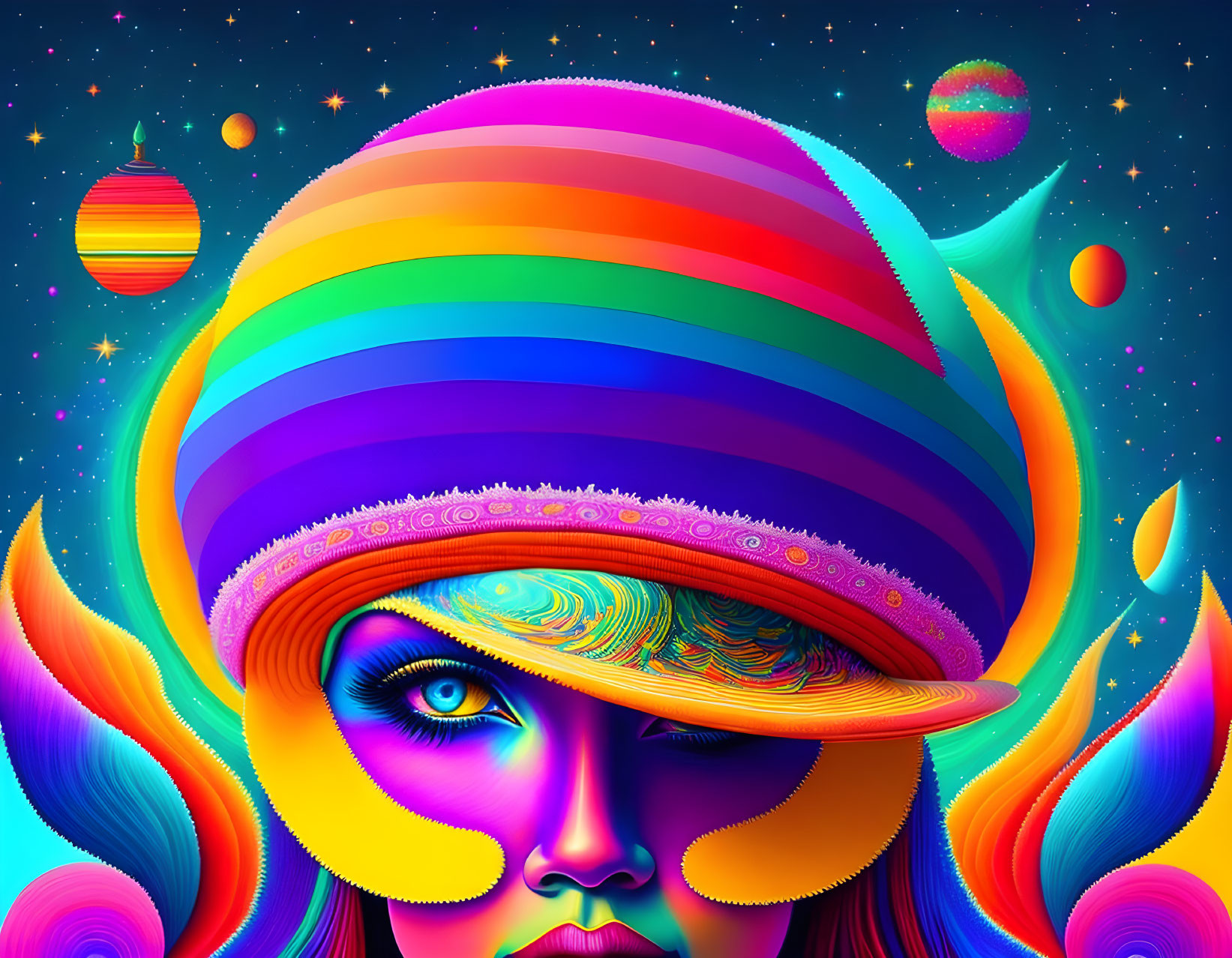 Colorful digital artwork of woman with rainbow hat in celestial setting