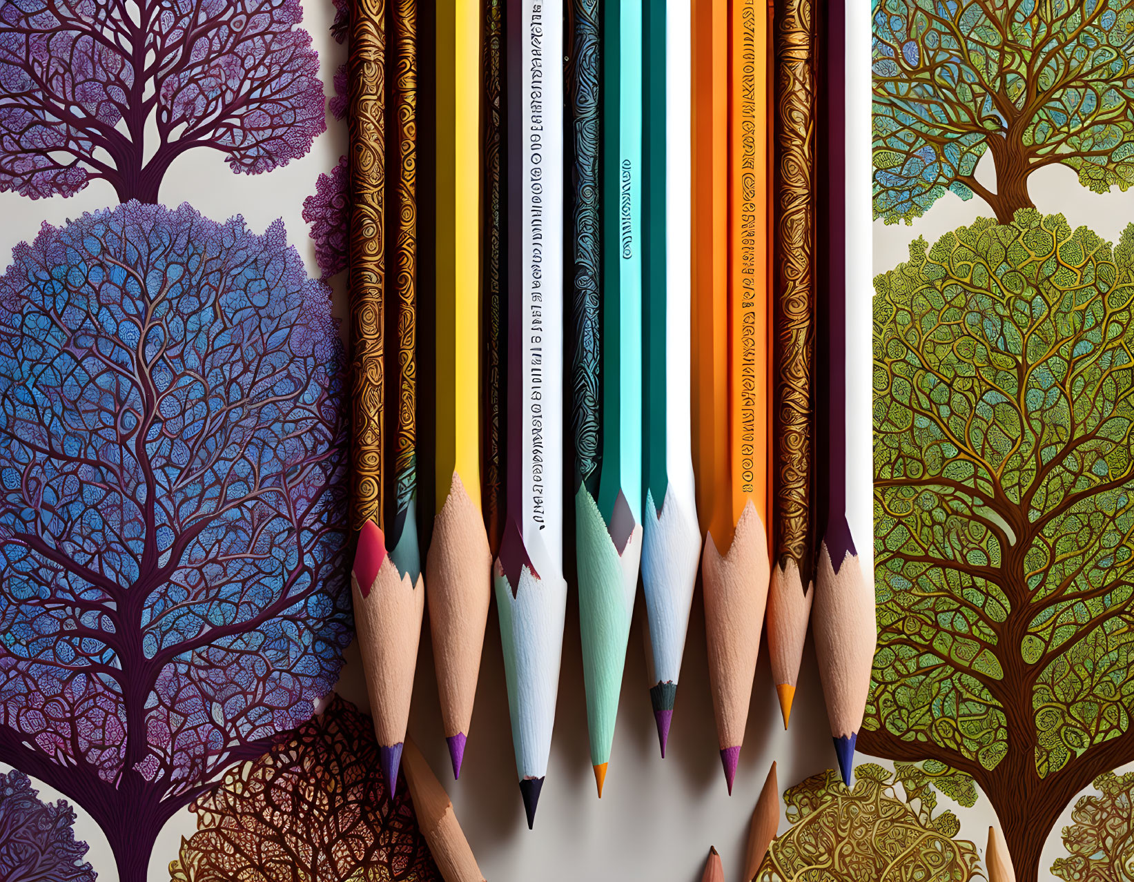 Vibrant pencil arrangement on tree-patterned background