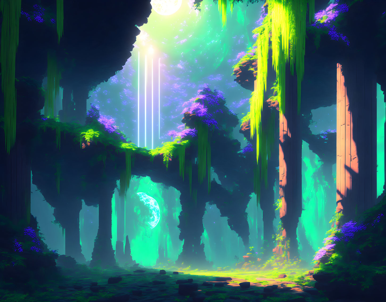 Mystical forest with towering trees and glowing portal