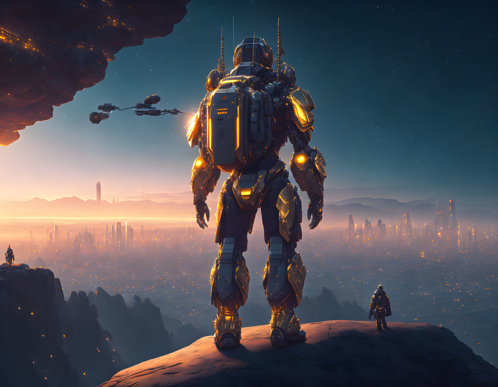 Giant robot and human on cliff with futuristic city and flying ships