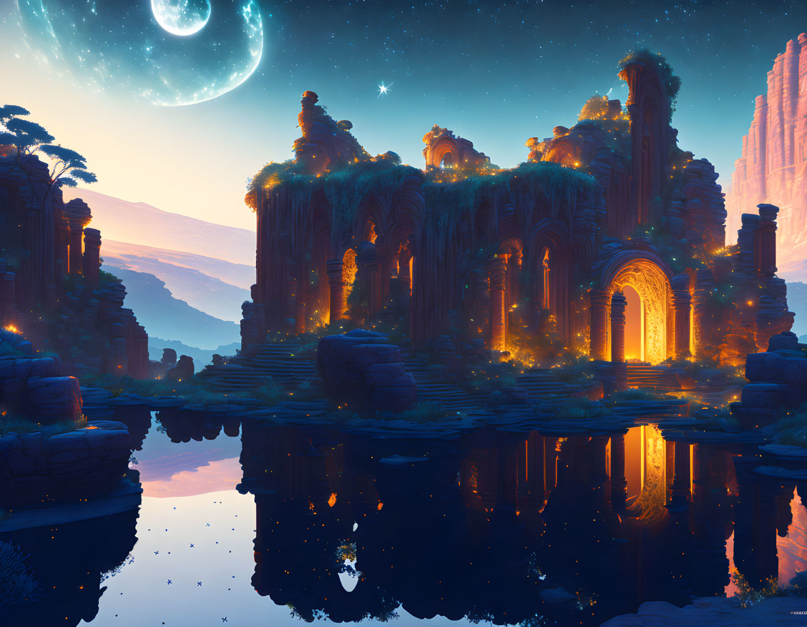 Twilight fantasy landscape with ruins, lush greenery, glowing doorways, starlit sky, and