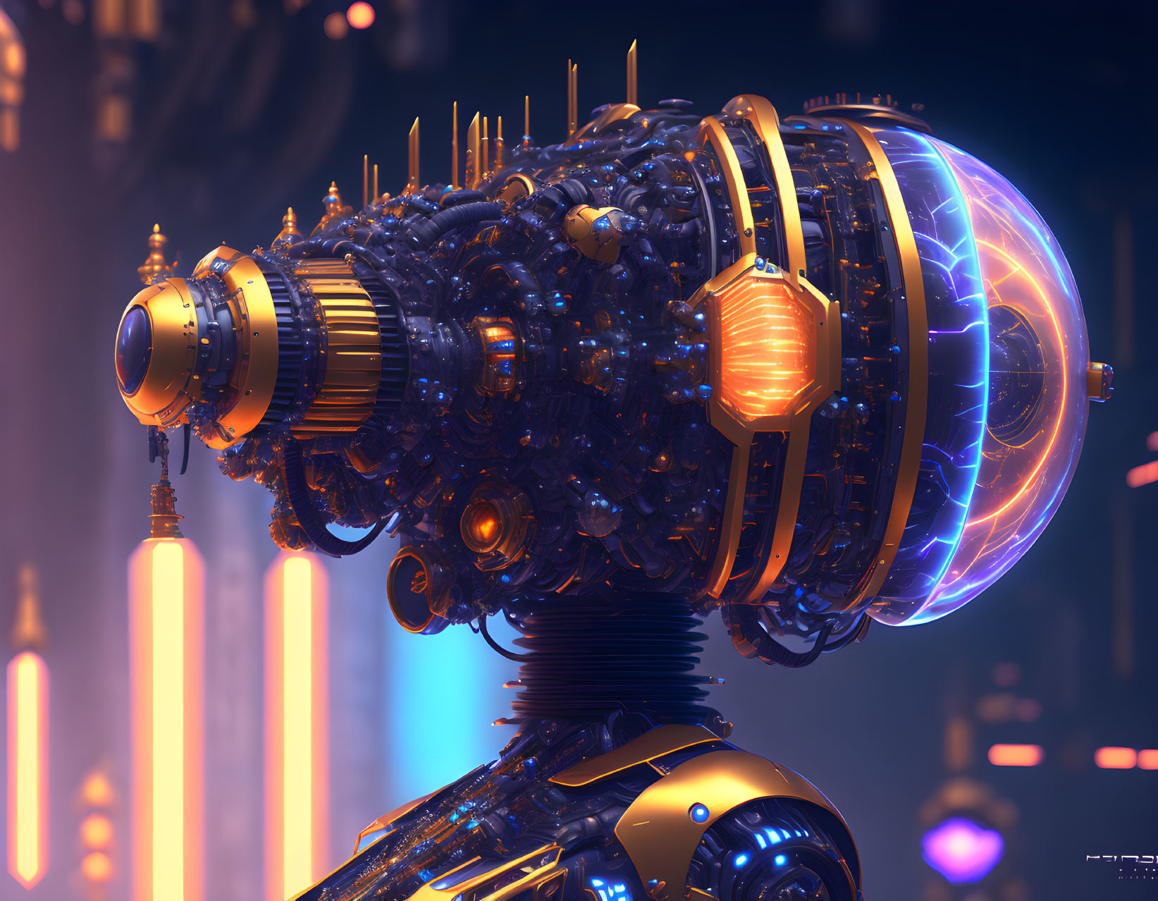 Detailed Futuristic Robot Head with Glowing Elements & Transparent Inner Workings