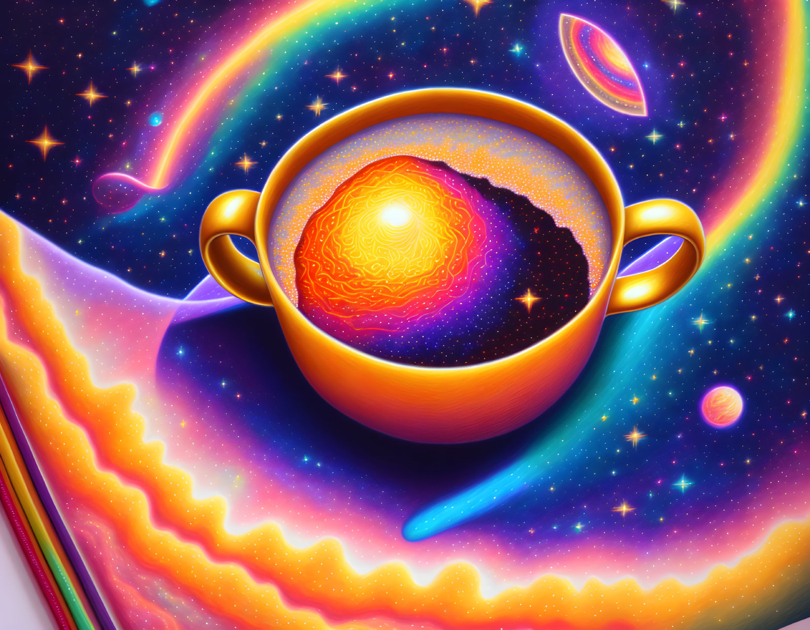 Colorful cosmic scene in coffee cup with stars, planets & nebula