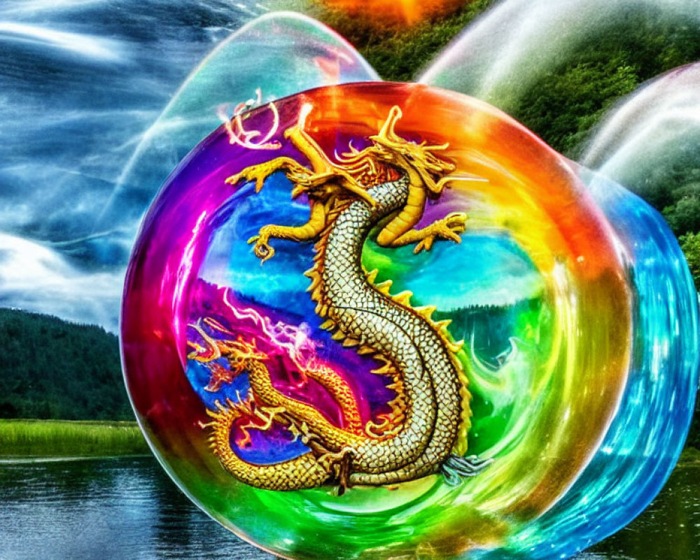 Colorful digital artwork: Golden dragon in bubble with waterfall and sunset