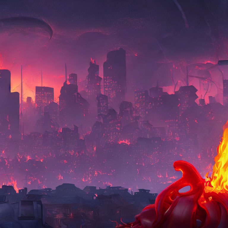 Dystopian cityscape with flames, crimson sky, and fiery entity