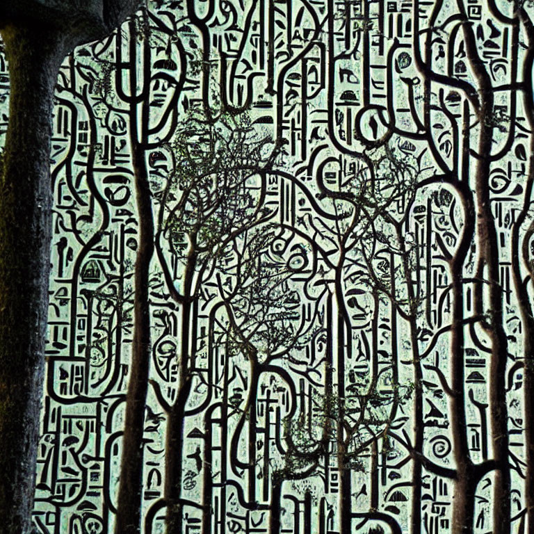 Detailed Metalwork Featuring Tree Silhouettes and Intricate Script Patterns