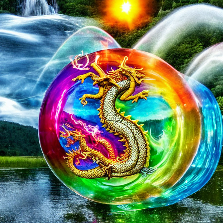 Colorful digital artwork: Golden dragon in bubble with waterfall and sunset