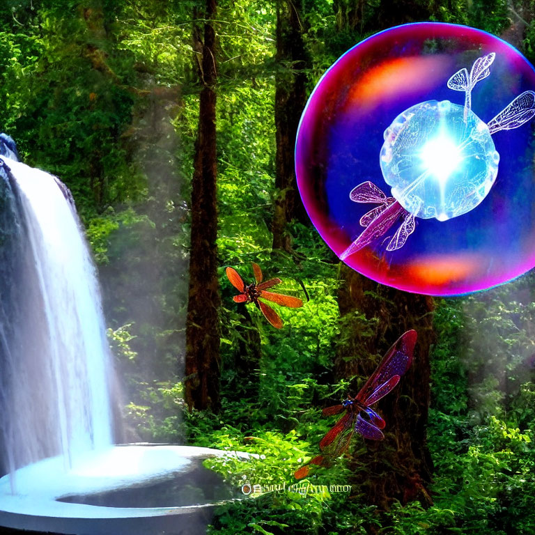 Fantasy forest scene with waterfall, dragonflies, and glowing orb