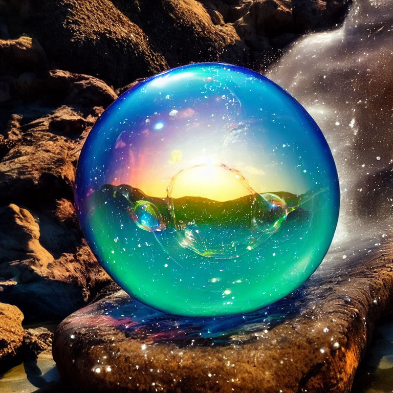 Iridescent soap bubble on rocky surface reflects vivid sunset