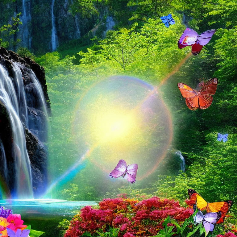 Colorful butterflies and radiant sun over lush waterfall scene