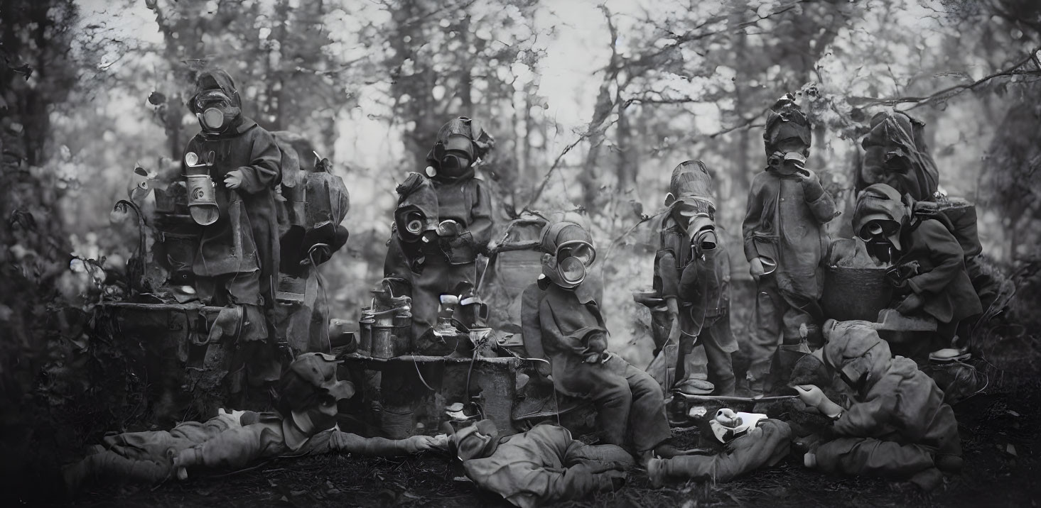 Monochrome photo: People in gas masks in forest