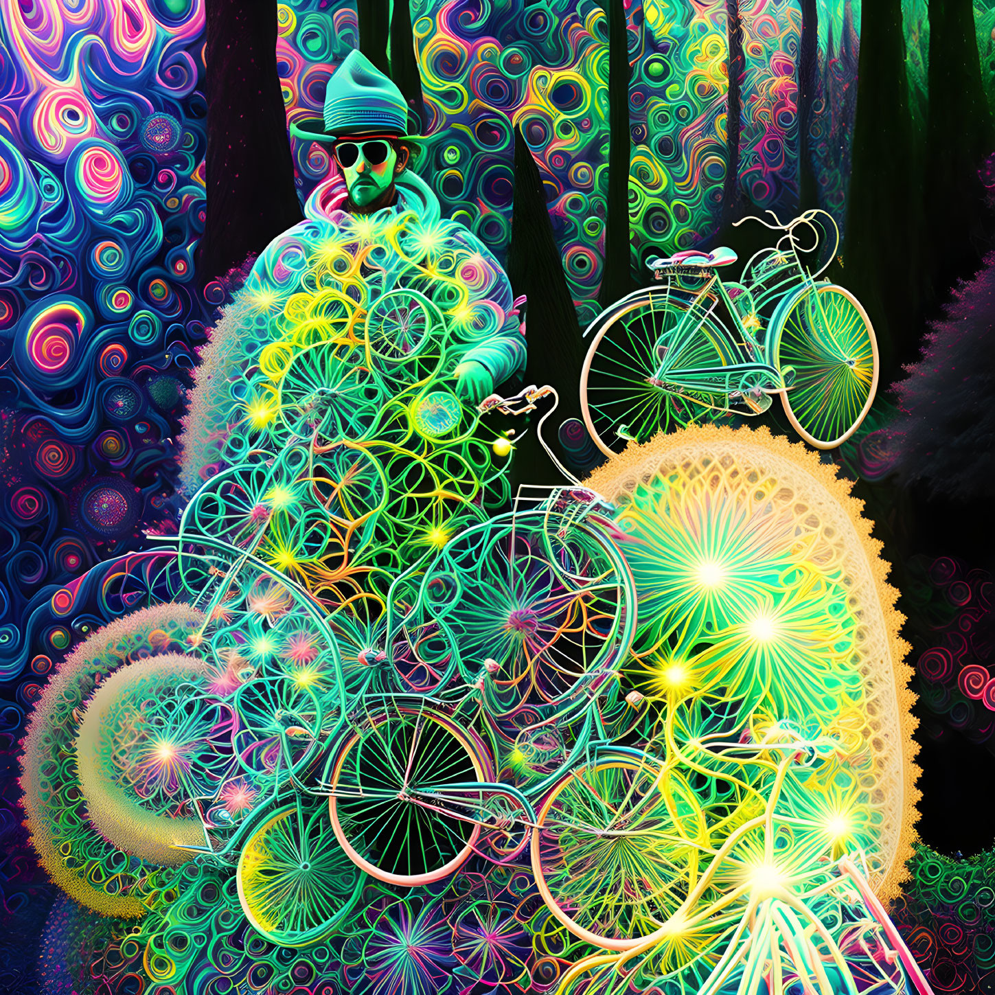 Colorful Psychedelic Digital Art: Person with Sunglasses and Hat Among Abstract Bicycle Wheels